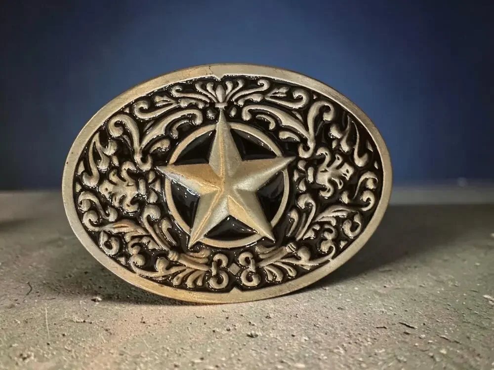 Western Texas Star Longhorn Steer Floral Oval Belt Buckle Silver Tone Cowboy